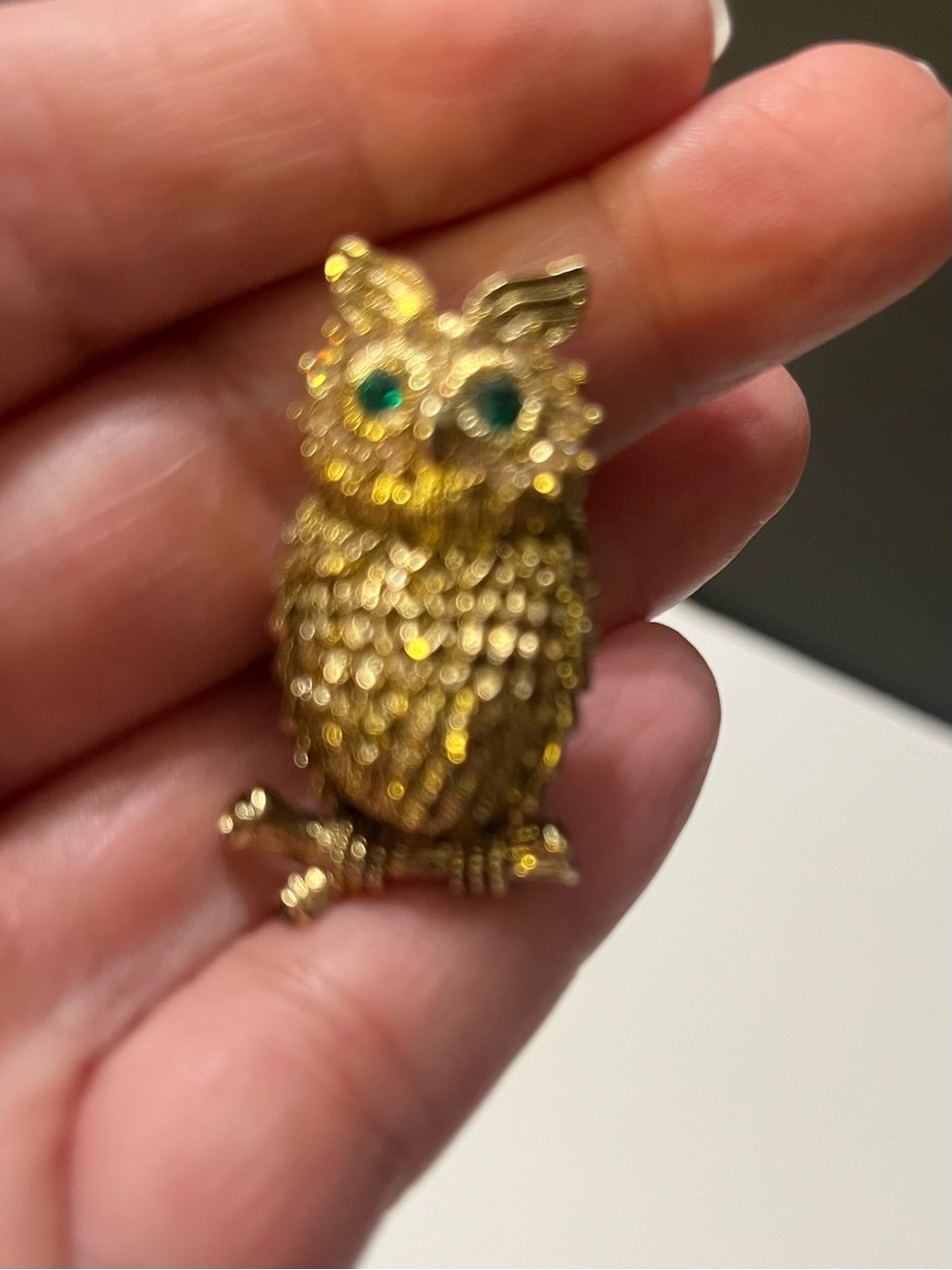 Gold Owl Brooch with Green Crystal Eyes